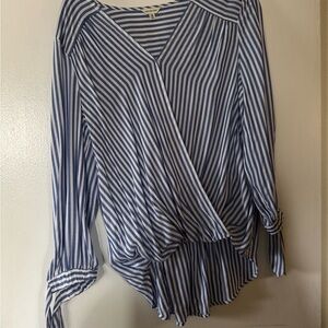 Max Studio Blue and White Wrap Blouse with Asymmetrical Hem